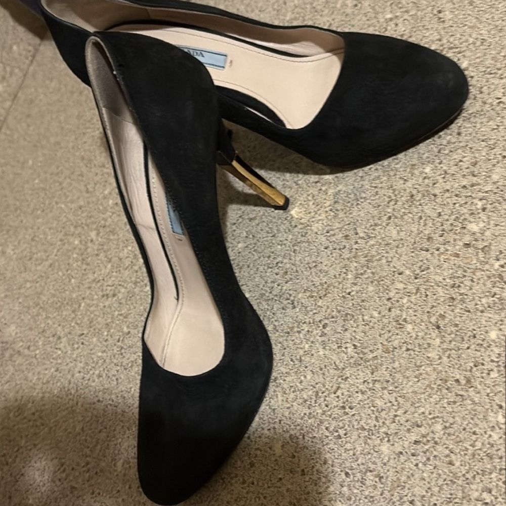 Prada Black Suede Pump with Gold Stiletto Heel